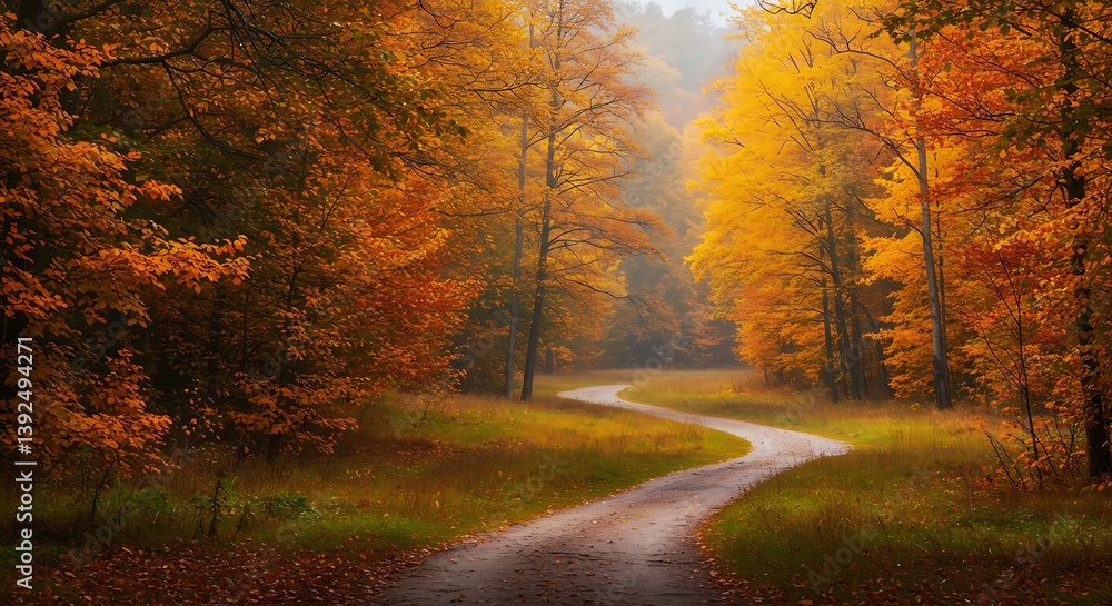 Obraz premium Autumn's Golden Embrace: A Winding Path Through Ember Hues AI Generated