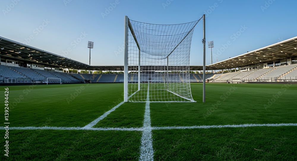 Fototapeta premium Empty Stadium Goal: A Sunny Day's Perspective on a Lush Green Field AI Generated
