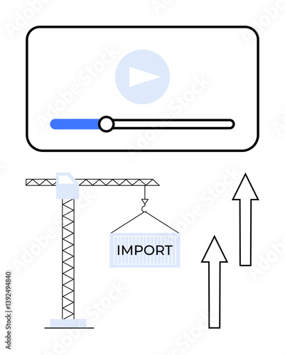 Video playback bar, crane lifting import container, upward arrows symbolizing growth and progress. Ideal for business strategy, logistics, trade, marketing, digital content, economic development