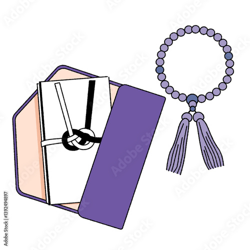 香典と数珠のベクターイラストKoden Envelope & Juzu Beads – Japanese Funeral Vector Set 