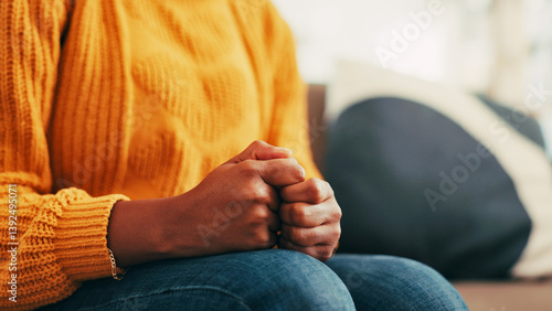 Photos Anxiety, stress and woman fidget with hands in home for mental health, phobia or overwhelmed