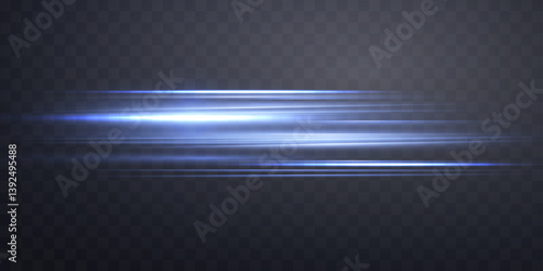 Blue horizontal lens flare.  Sun flash with rays or spotlight and bokeh. Glow flare light effect. Isolated on transparent background.Vector illustration.