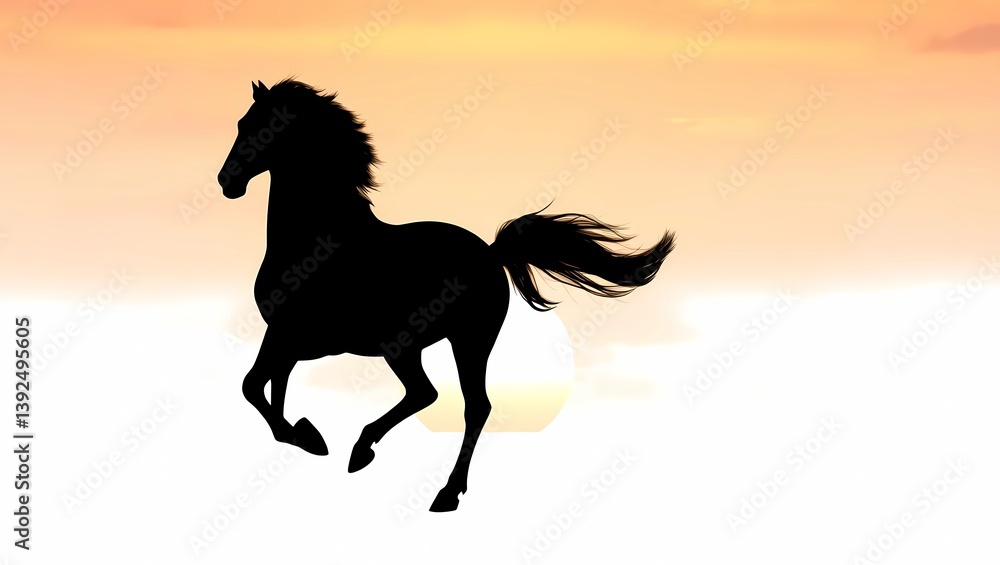 Silhouette of a horse galloping against a bright orange and white sunset sky Silhouette of a horse galloping against a bright orange and white sunset sky