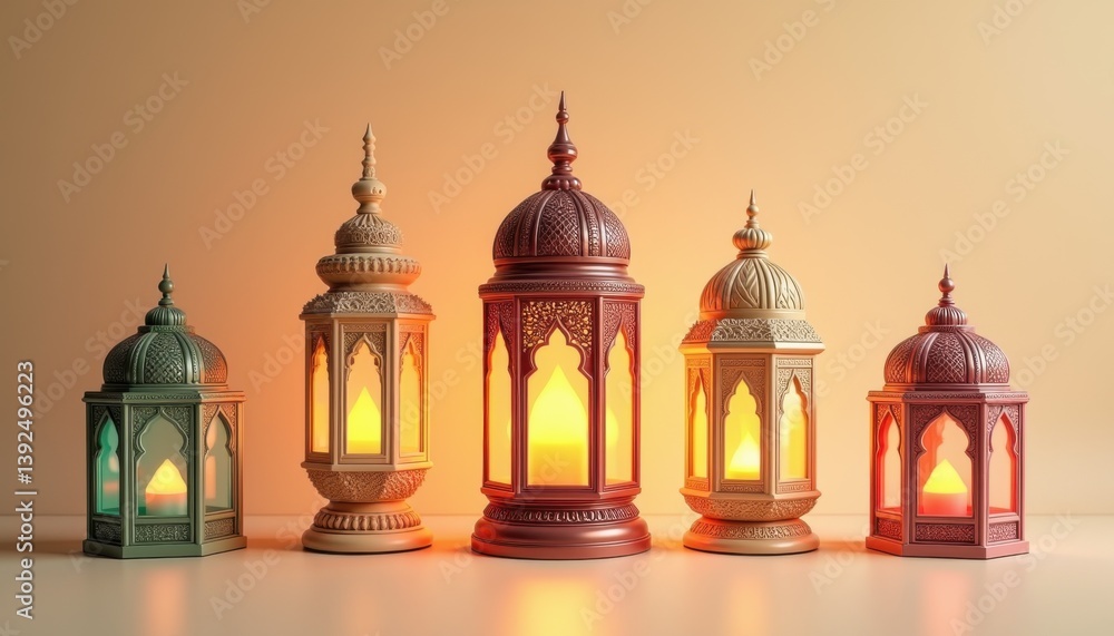 Fototapeta premium Arabic Ornate Lanterns in Warm Ambiance. Ramadan Eid Mubarak Illustration.