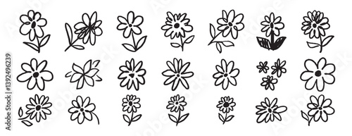 brush flowers daisies or camomile doodle hand drawn icon set. Outline drawing flower line clipart symbol collection