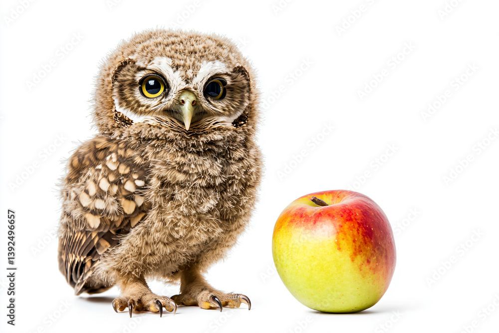 Fototapeta premium a small owl standing next to an apple