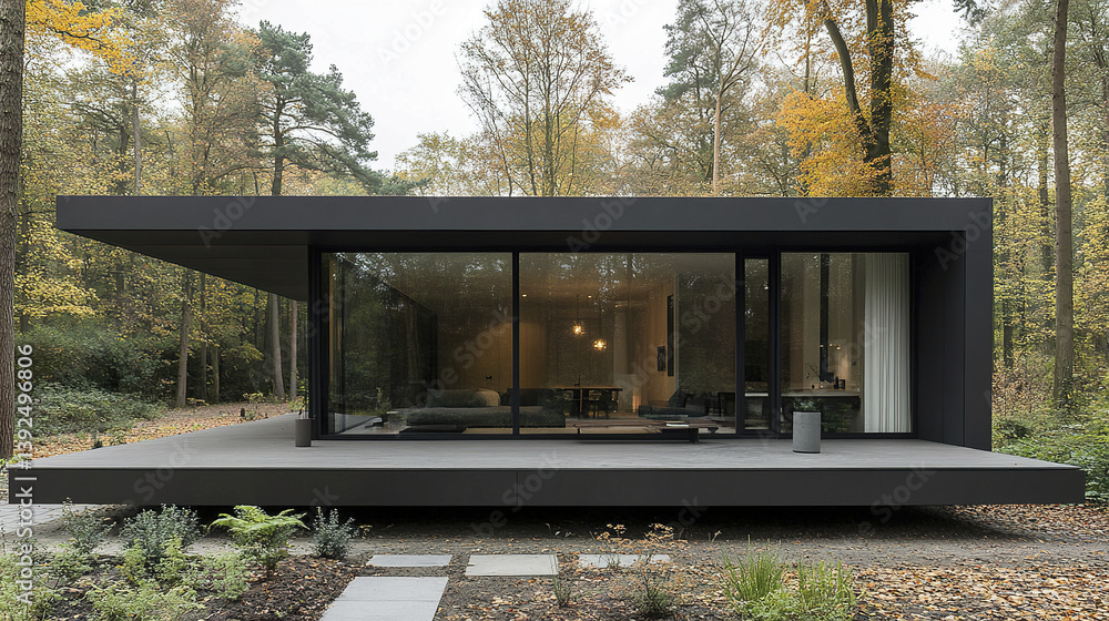Modern modular dwelling with simple structure in forest setting Modern modular dwelling with simple structure in forest setting