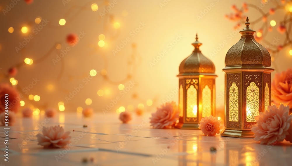 Fototapeta premium Arabic Lanterns in Warm Floral Glow. Ramadan Eid Mubarak Illustration.