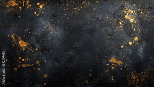 Dark textured surface with gold splatters. Background use