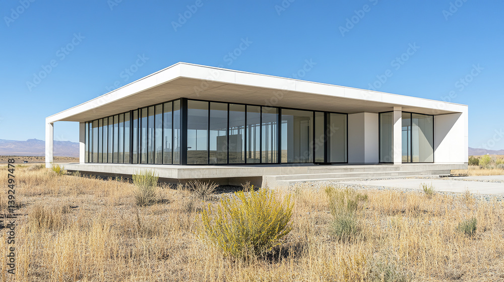 Modern modular house with flat roof and clean lines in dry landscape Modern modular house with flat roof and clean lines in dry landscape