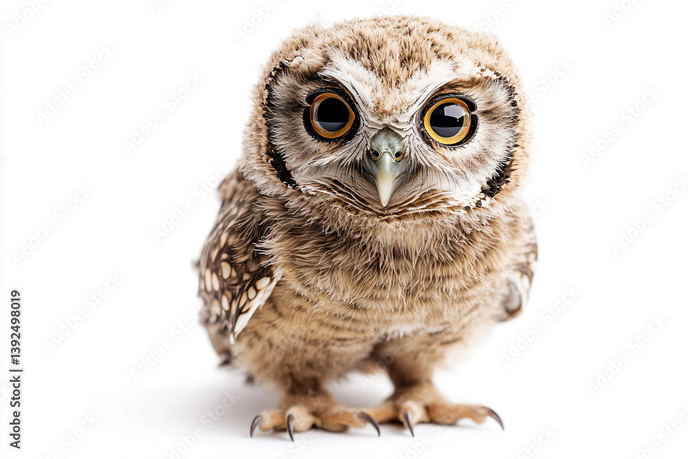 Naklejka premium a small owl with big eyes standing on a white surface