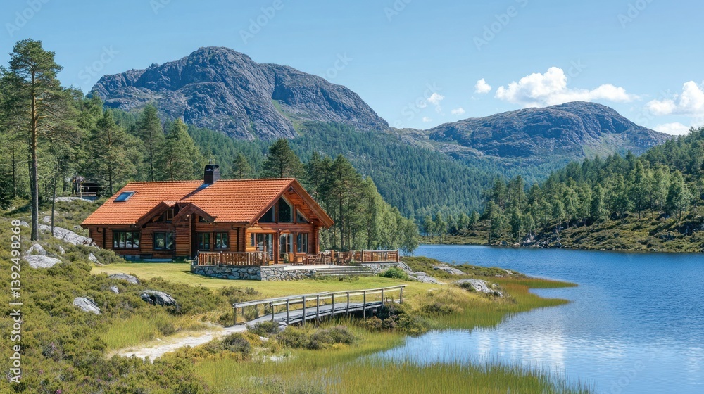 Fototapeta premium Lakeside cabin nestled in a mountain valley