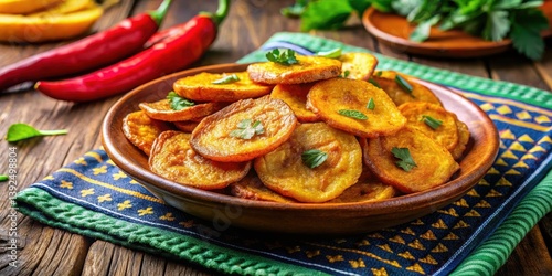Wallpaper Mural Crunchy fried green plantain slices served as a side dish in a vibrant Latin American-inspired setting, savory snack Torontodigital.ca