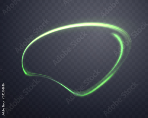 Curved green glowing ring. Neon realistic energy flare circle. Abstract light effect on a dark transparent background. Vector illustration.