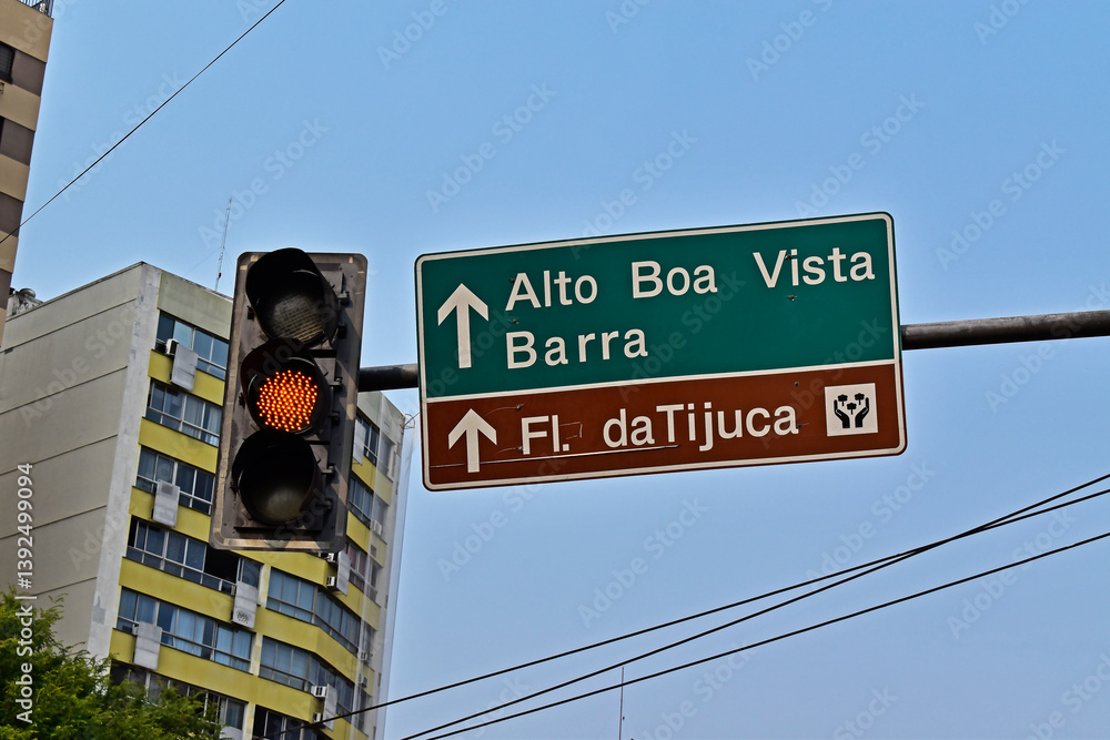 Traffic sign indicating nearby neighborhoods in Tijuca, Rio de Janeiro, Brazil