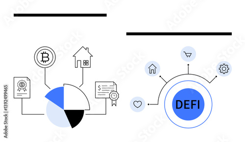 Pie chart linking Bitcoin, real estate, financial contracts central DEFI node connects icons for home, shopping, settings, health. Ideal for finance, blockchain, technology investment innovation