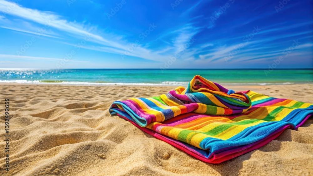 A sandy beach with colorful towels scattered around, showcasing a vibrant and playful atmosphere , atmosphere, ambiance A sandy beach with colorful towels scattered around, showcasing a vibrant and playful atmosphere , atmosphere, ambiance