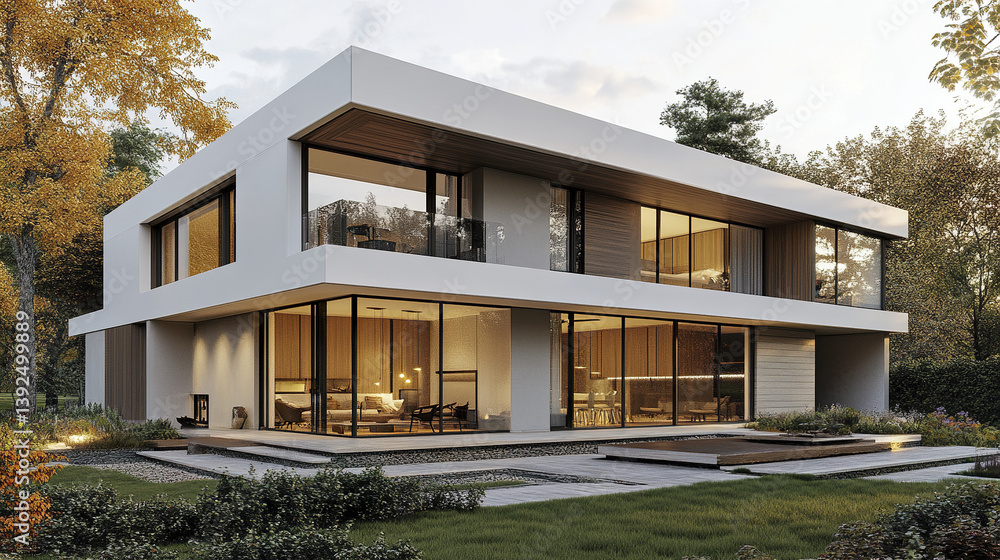 Fototapeta premium Modern Scandinavian villa with white facade and large windows, surrounded by nature