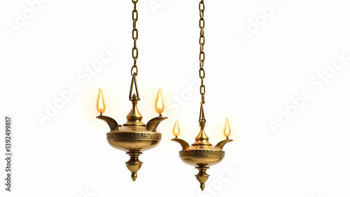 Elegant Brass Hanging Oil Lamps with Flames