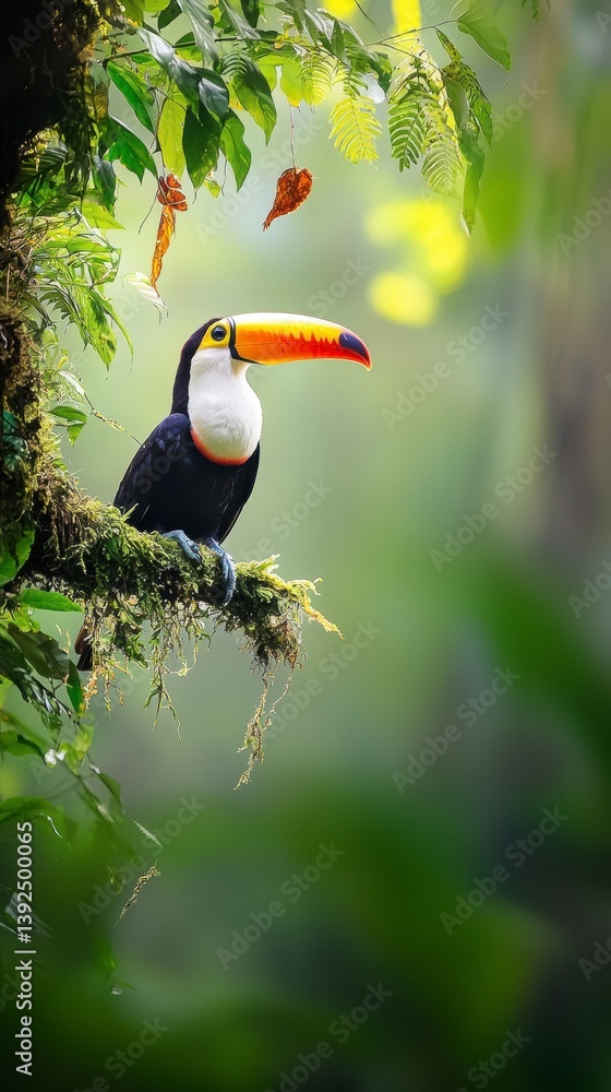 Fototapeta premium Colorful toucan perched on branch in lush rainforest wildlife photography serene natural environment
