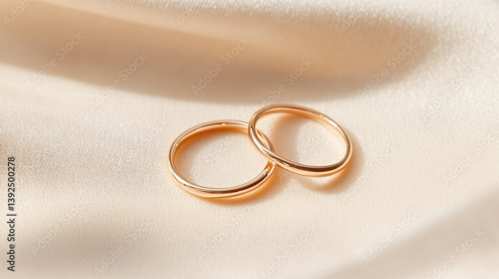 Two elegant gold rings rest on soft, cream colored fabric, exuding sense of simplicity and sophistication. minimalist design highlights their timeless beauty Two elegant gold rings rest on soft, cream colored fabric, exuding sense of simplicity and sophistication. minimalist design highlights their timeless beauty