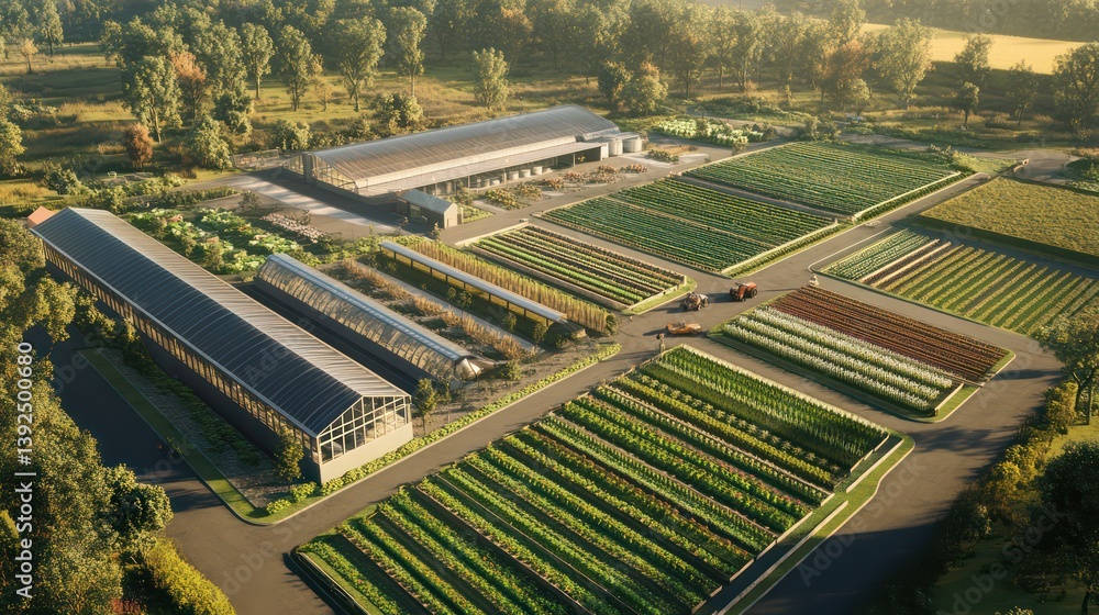 Fototapeta premium Aerial view of a modern vegetable farm with vast green fields and high-tech equipment, showcasing efficient and advanced agriculture.