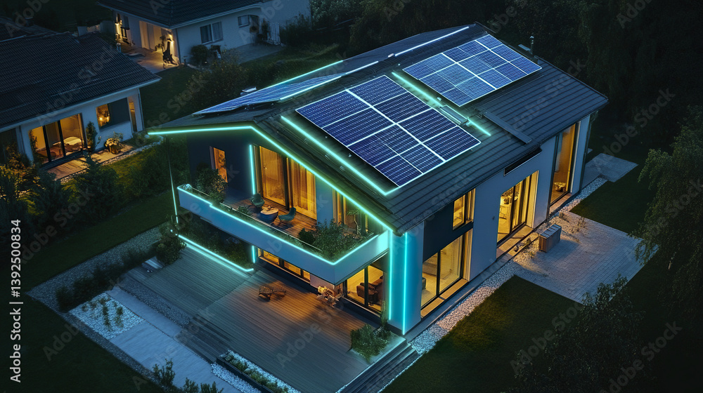 Modern smart house with neon lights and solar panels at night