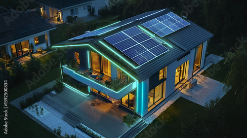 Obraz na płótnie Modern smart house with neon lights and solar panels at night w salonie