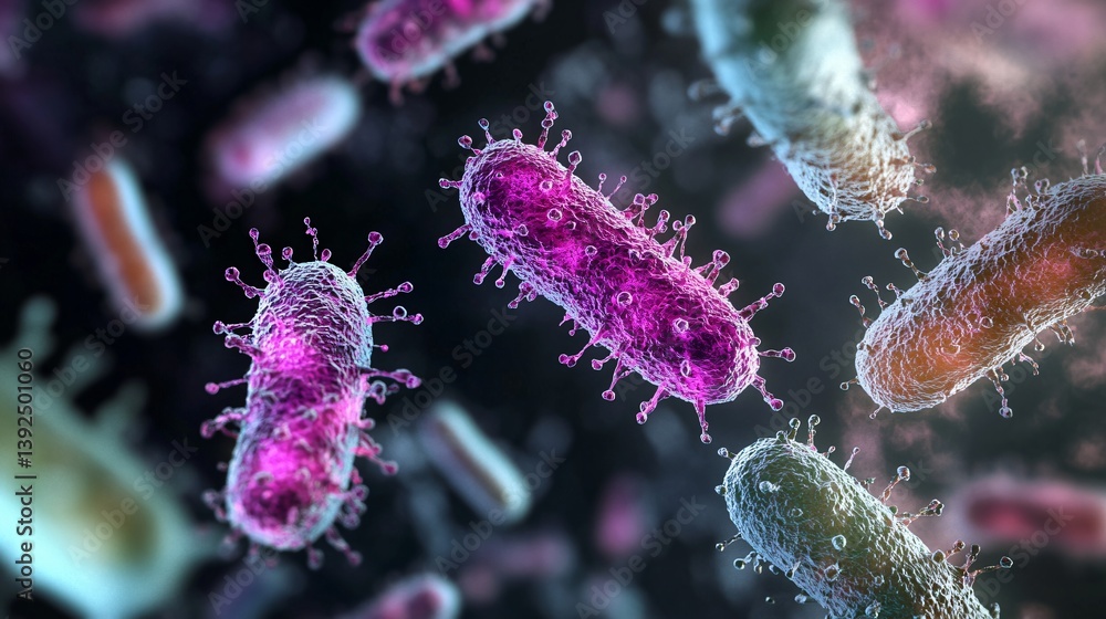 Close-up 3D illustration of Virus, Bacteria, Germs or Microbes, viral disease or pandemic threat, infectious microorganism on dark background. Close-up 3D illustration of Virus, Bacteria, Germs or Microbes, viral disease or pandemic threat, infectious microorganism on dark background.