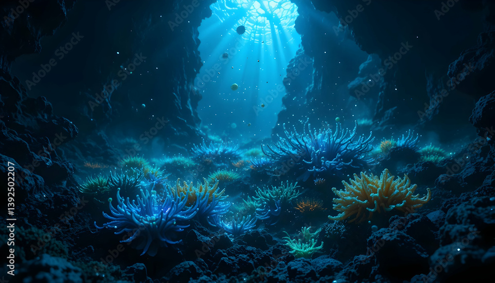 Fototapeta premium Underwater Cave with Sea Anemones and Light Rays Streaming Through