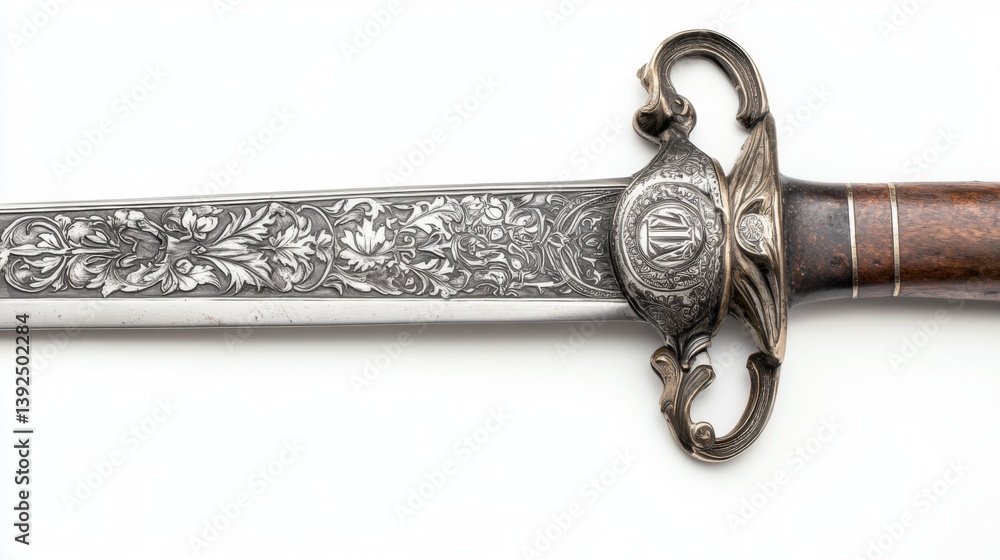 This ornate sword exhibits exquisite craftsmanship and intricate detailing. A remarkable piece for collectors and enthusiasts alike. Generative AI