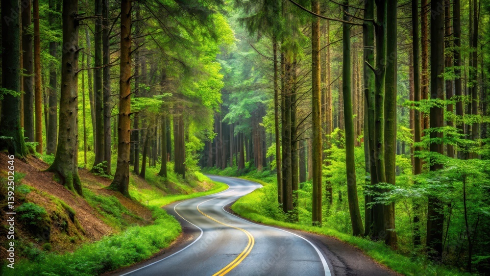 Naklejka premium Forest Road Winding Through Trees, winding road, trees, winding road