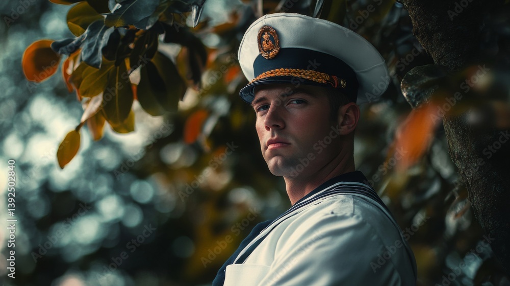 A young man in a naval uniform stands confidently amidst lush greenery. His serious expression conveys strength and determination. A symbol of honor and service. Generative AI