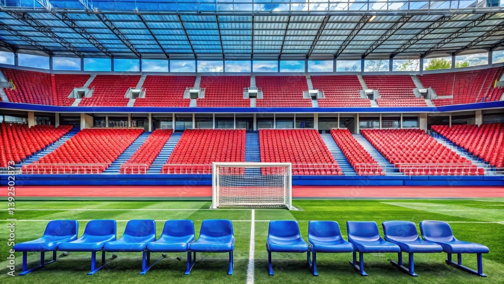 Obraz premium Bench in football stadium with red and blue seats, stadium, sports equipment, stadium