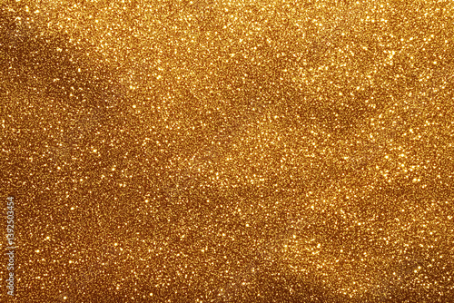 A close-up shot of shimmering golden glitter, capturing the sparkle and shine of luxurious, radiant textures, ideal for festive, celebratory, and glamorous design themes