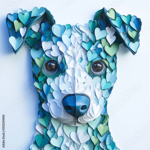 Dog Made of Blue Green and White Paper Hearts Generative AI