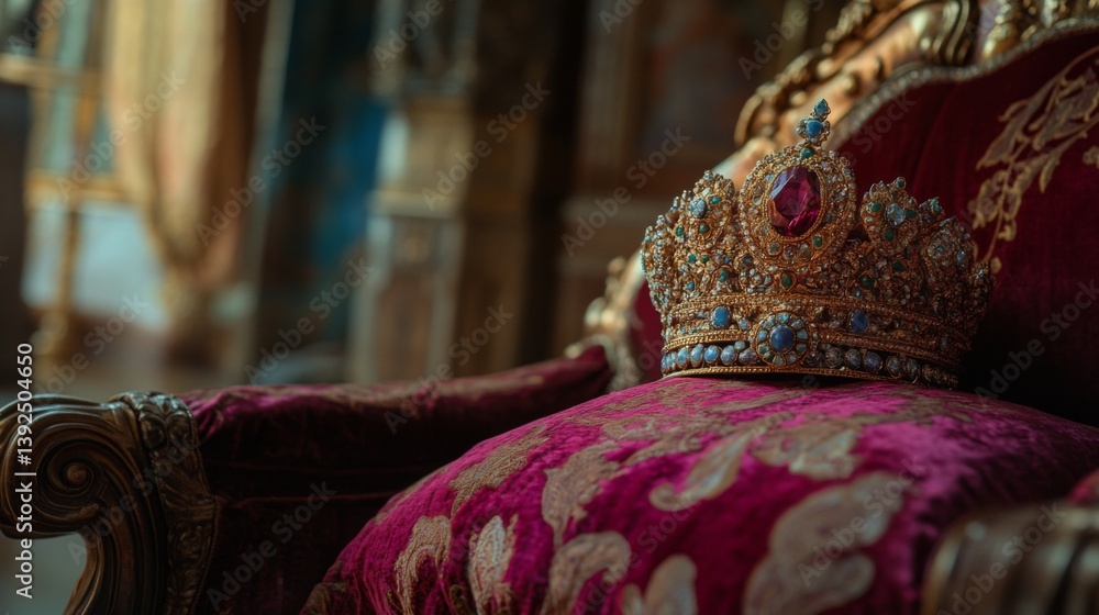 A majestic crown resting on an ornate chair. The royal symbol embodies power and history. This image captures elegance in every detail of its design. Generative AI