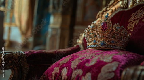 Obraz na płótnie A majestic crown resting on an ornate chair. The royal symbol embodies power and history. This image captures elegance in every detail of its design. Generative AI w salonie