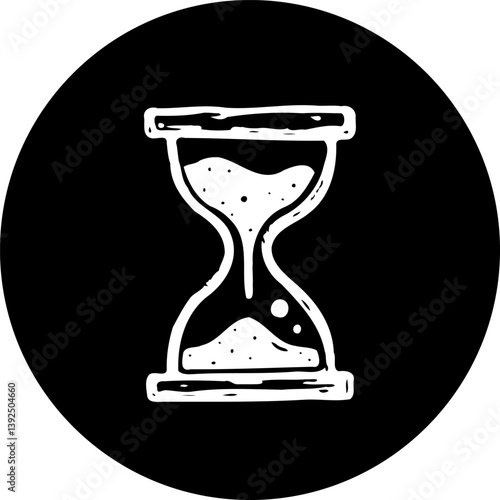 Hourglass drawing within a dark circle symbolizing time flow management