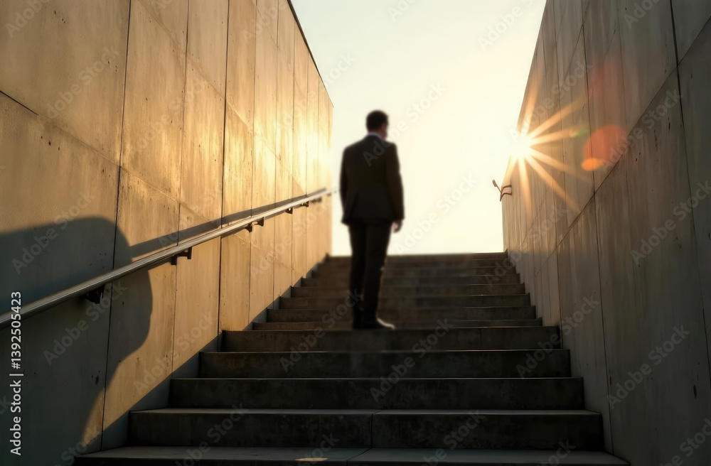 Businessman standing on stairs with sun light