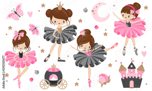 Collection of little ballerinas in different clothes and poses. Castle, carriage, butterflies in children's style for personal design.