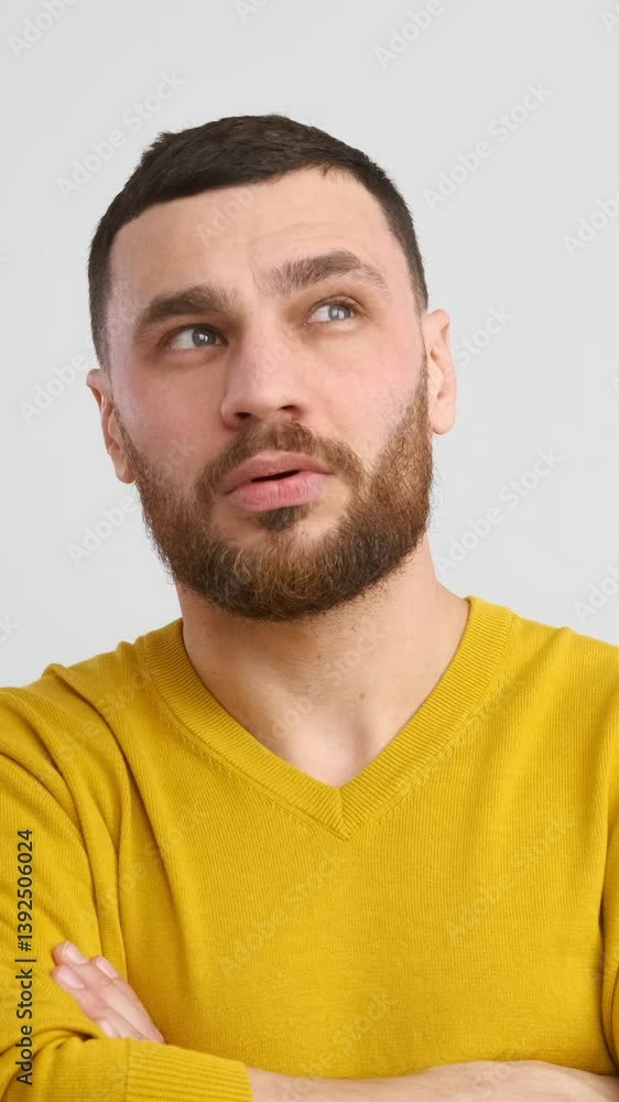 Portrait of a confused man with a brilliant idea during brainstorming on a white background. Resolution and creativity emerging in a thoughtful moment. Vertical video. Portrait of a confused man with a brilliant idea during brainstorming on a white background. Resolution and creativity emerging in a thoughtful moment. Vertical video.