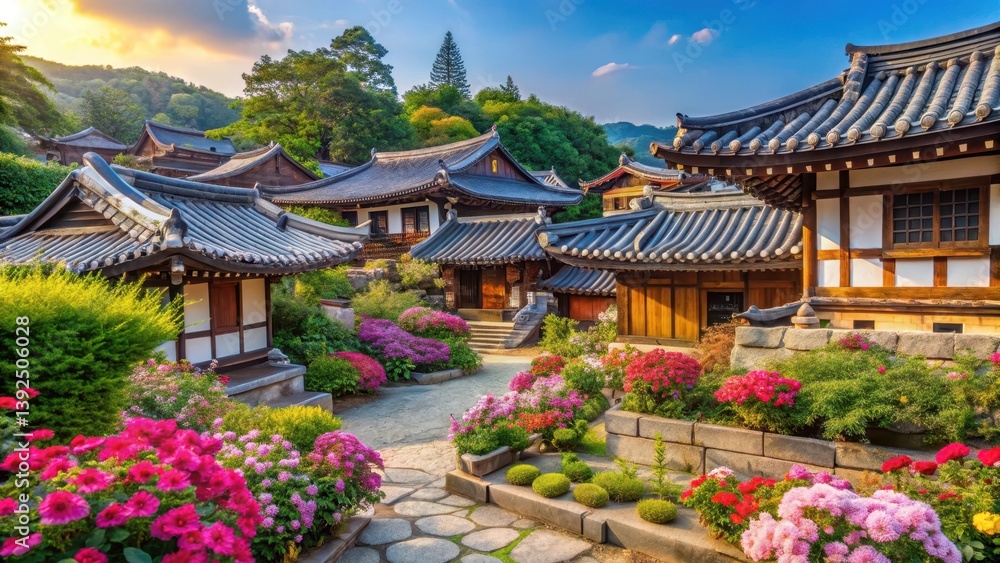 Traditional Korean village with well-preserved hanok houses amidst lush greenery and vibrant flowers , korean architecture, culture Traditional Korean village with well-preserved hanok houses amidst lush greenery and vibrant flowers , korean architecture, culture