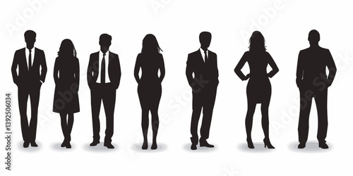 Silhouettes of diverse professionals standing in a row, dressed in formal attire. The people are facing forward with confident postures. 
