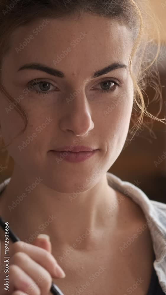 Smiling woman spending leisure time painting as a hobby in an art workshop, engaging in relaxation and creative craft. Vertical video. Smiling woman spending leisure time painting as a hobby in an art workshop, engaging in relaxation and creative craft. Vertical video.