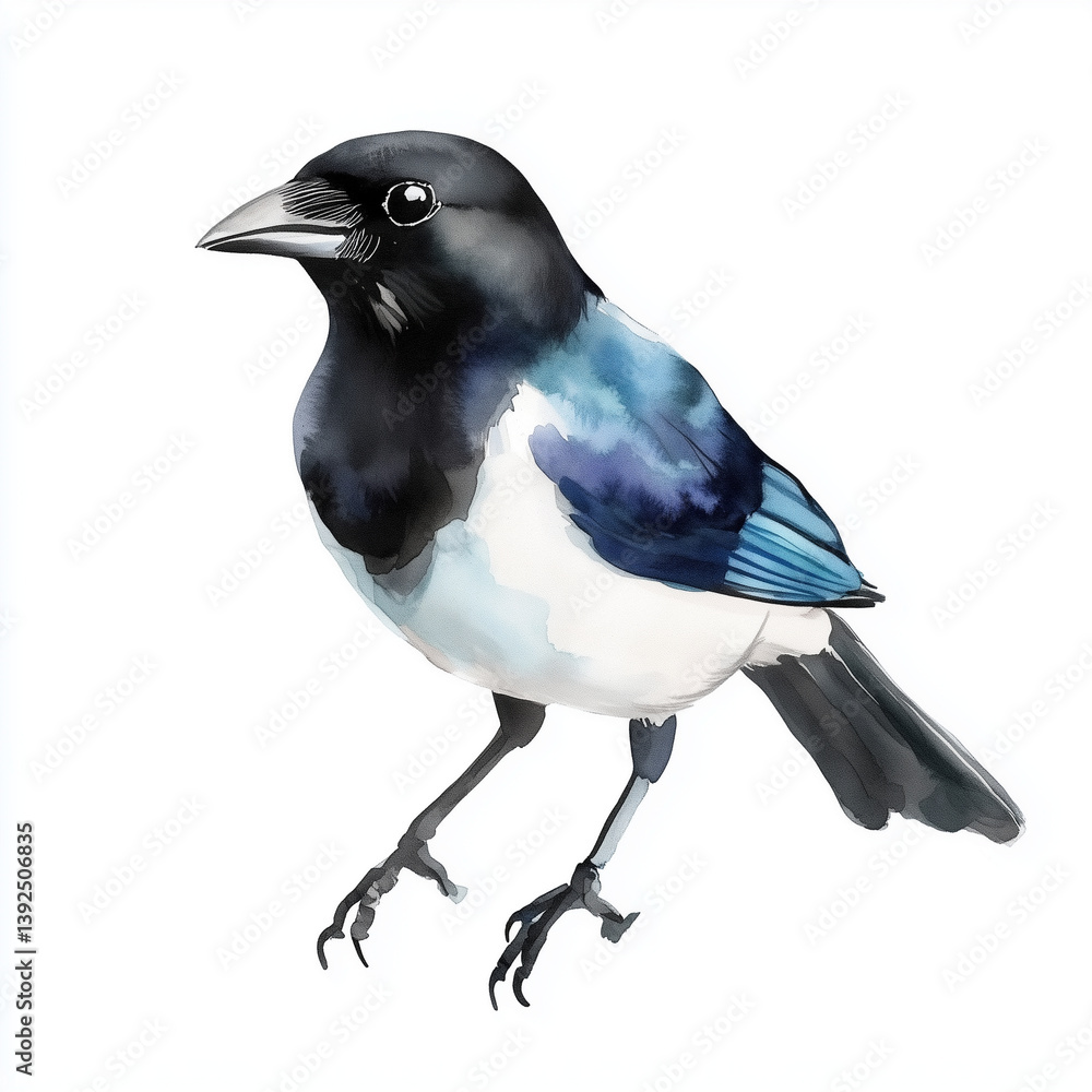 Obraz premium Eurasian Magpie Bird Standing Isolated on Clean White Background Generative AI
