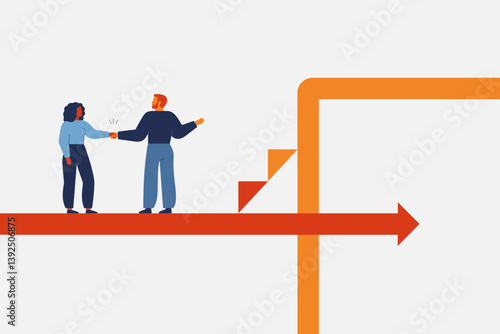 Onboarding and welcome concept with business people. Man and woman shake hands. HR, introduction new hired employee in team, socialization. Vector illustration