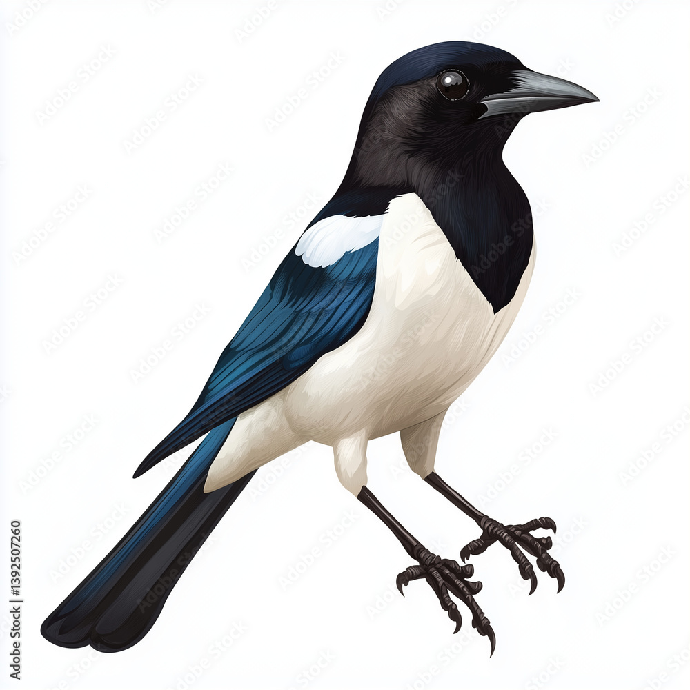 Obraz premium Eurasian Magpie Bird Standing Isolated on Clean White Background Generative AI