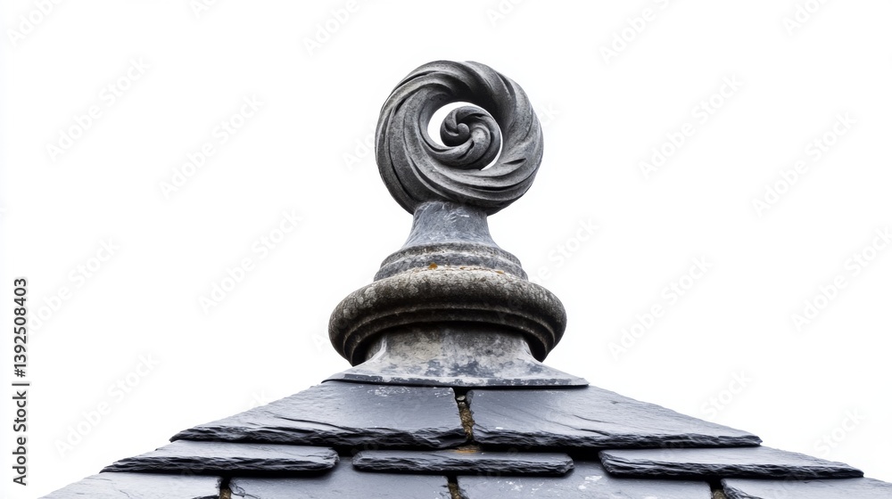 Artistic rooftop design showcases elegance and craftsmanship. The spiral ornament adds a unique touch. A perfect blend of tradition and modern aesthetics. Generative AI.