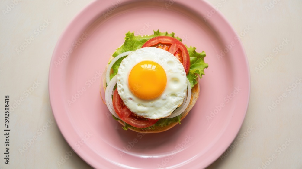 Fresh egg sandwich with lettuce, tomato, and onion served on a pink plate, close-up view of a healthy breakfast meal Fresh egg sandwich with lettuce, tomato, and onion served on a pink plate, close-up view of a healthy breakfast meal